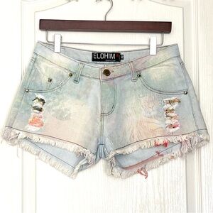 ELOHIM JEANS Light Wash Distressed Tie Dye Denim Shorts Y2K Aesthetic Festival